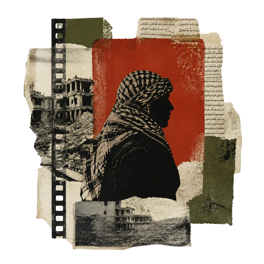 Archival collage: a figure in a keffiyeh in profile against a torn red field, layered with film strips, newsprint fragments and photographs of destroyed buildings.